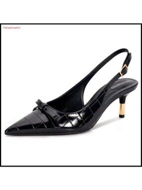 Pointed Toe Slingback Heels with Bow, 2.5 Inch Kitten Heel, Croc Embossed Faux
